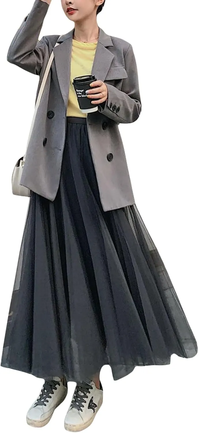 Tulle Skirts for Women Pleated Layered Tutu Skirt Ladies Elegant Flowy Long Skirts Bridesmaid Wedding Midi Skirt