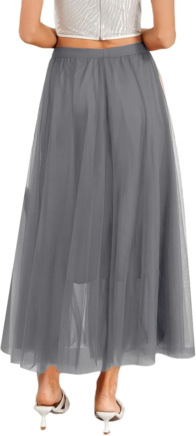 Tulle Skirts for Women Pleated Layered Tutu Skirt Ladies Elegant Flowy Long Skirts Bridesmaid Wedding Midi Skirt