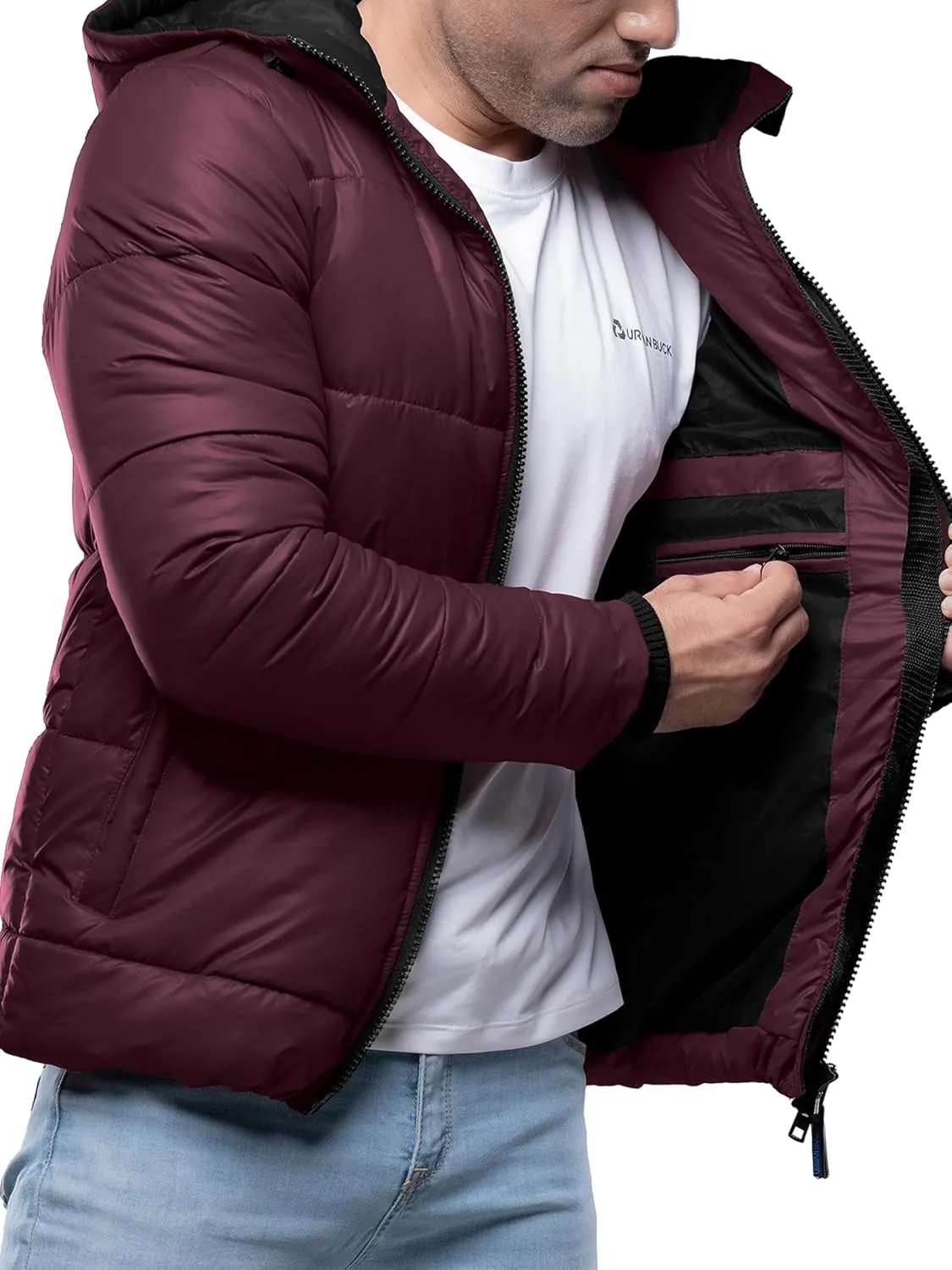 URBAN BUCK Mens Faux Fur Trimmed Hood Puffer Jacket Midweight Winter Down Windproof & Water Repellent Men Climbing Jackets