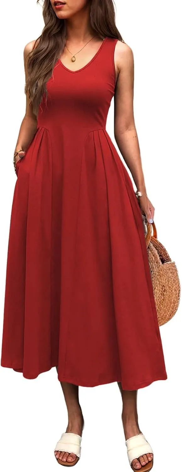 utcoco Womens 2025 Summer Sleeveless V Neck Loose Casual Tank Dress Beach Vacation Swing Sundress with Pockets