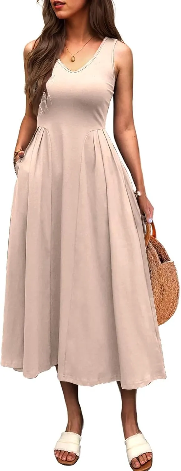utcoco Womens 2025 Summer Sleeveless V Neck Loose Casual Tank Dress Beach Vacation Swing Sundress with Pockets