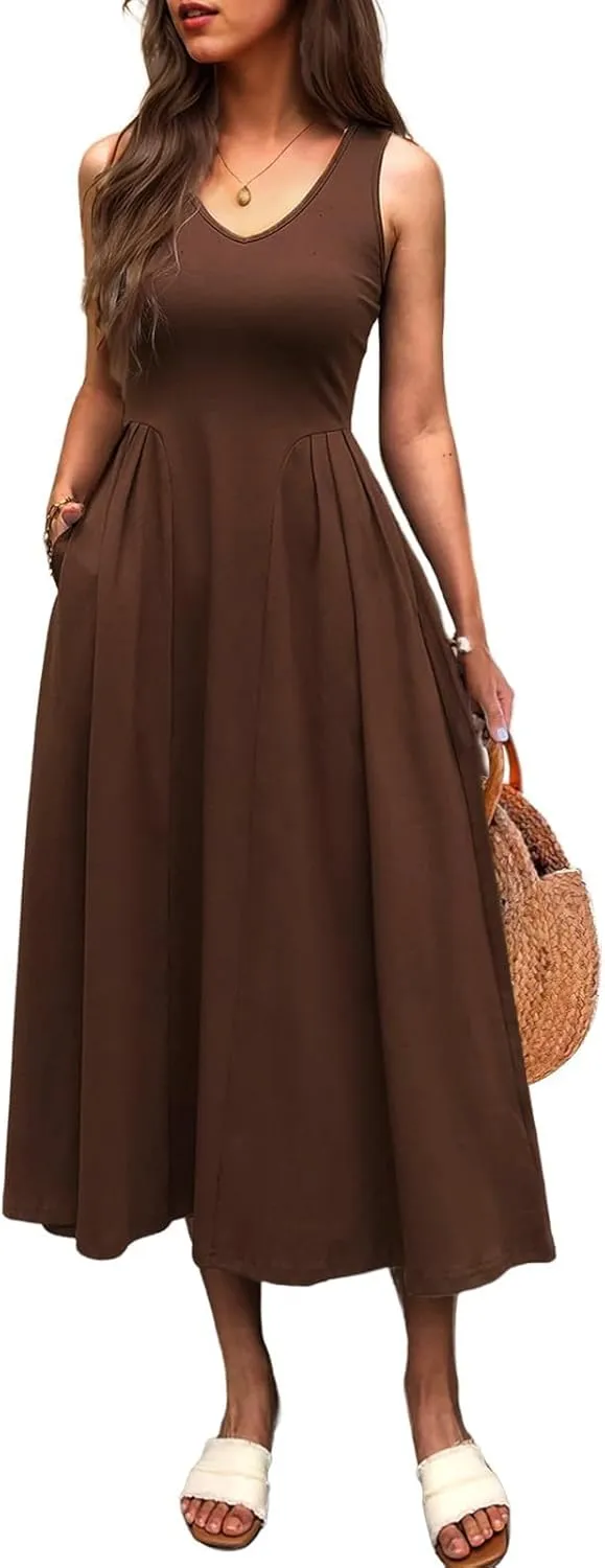 utcoco Womens 2025 Summer Sleeveless V Neck Loose Casual Tank Dress Beach Vacation Swing Sundress with Pockets