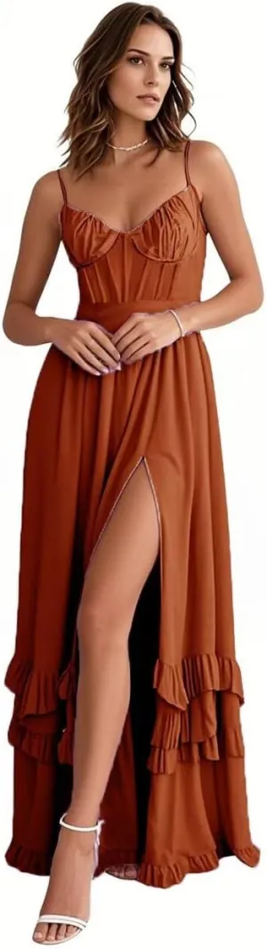 V Neck Chiffon Bridesmaid Dresses for Women Long A Line Plus Size Floral Formal Evening Gowns with Slit