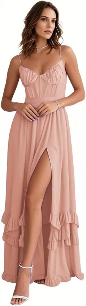 V Neck Chiffon Bridesmaid Dresses for Women Long A Line Plus Size Floral Formal Evening Gowns with Slit