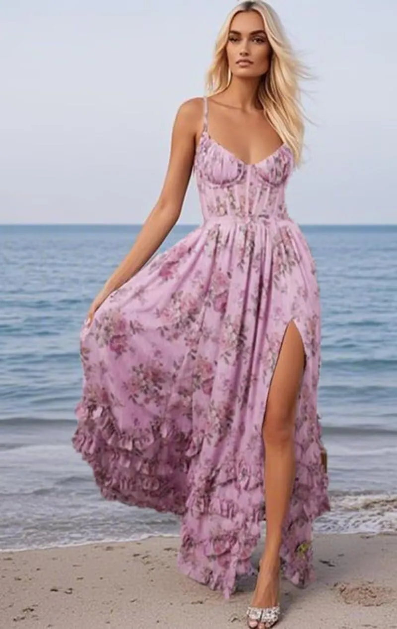 V Neck Chiffon Bridesmaid Dresses for Women Long A Line Plus Size Floral Formal Evening Gowns with Slit