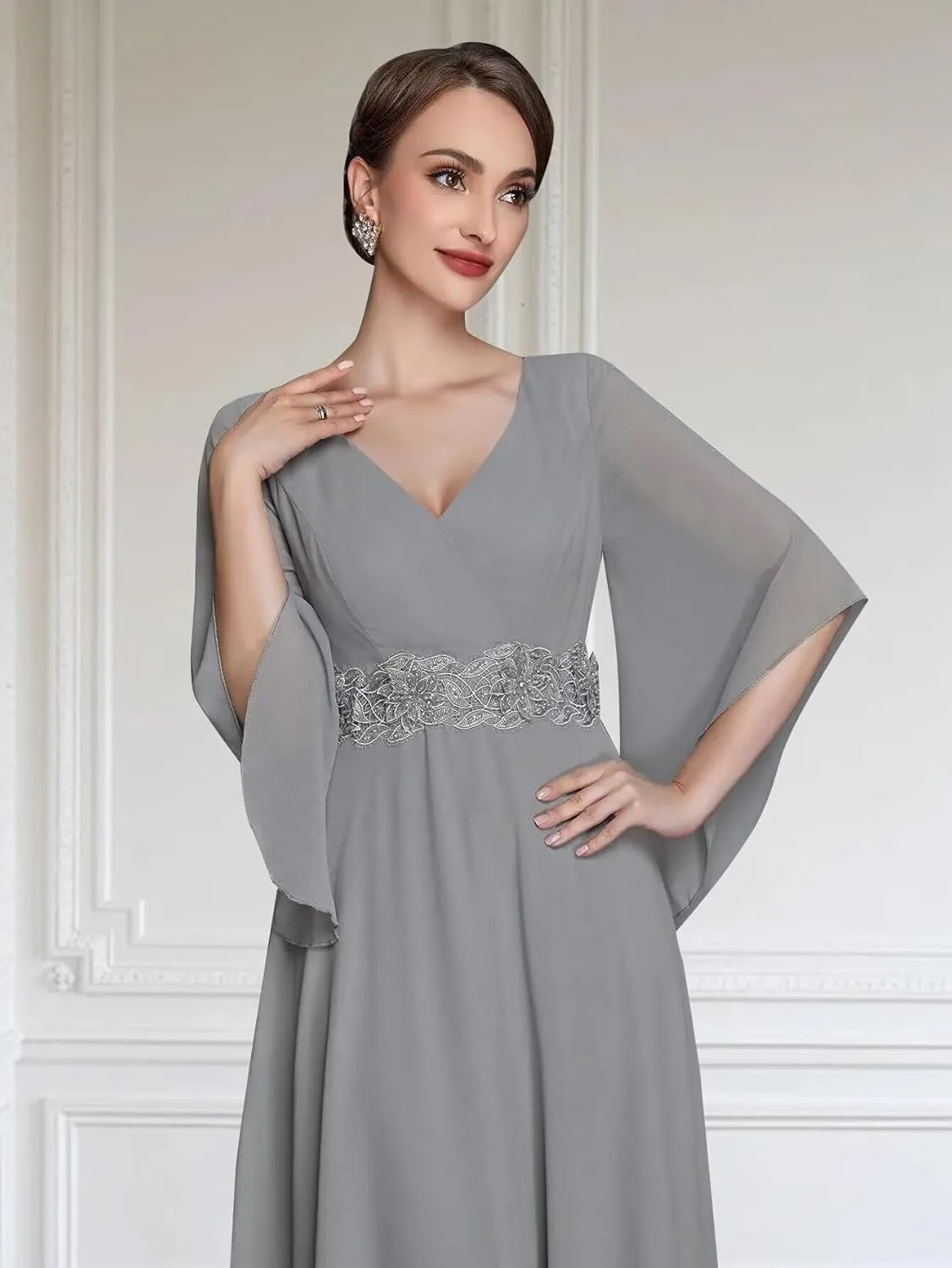 V Neck Mother of The Bride Dresses for Wedding Short Sleeves A Line Chiffon Formal Evening Gown