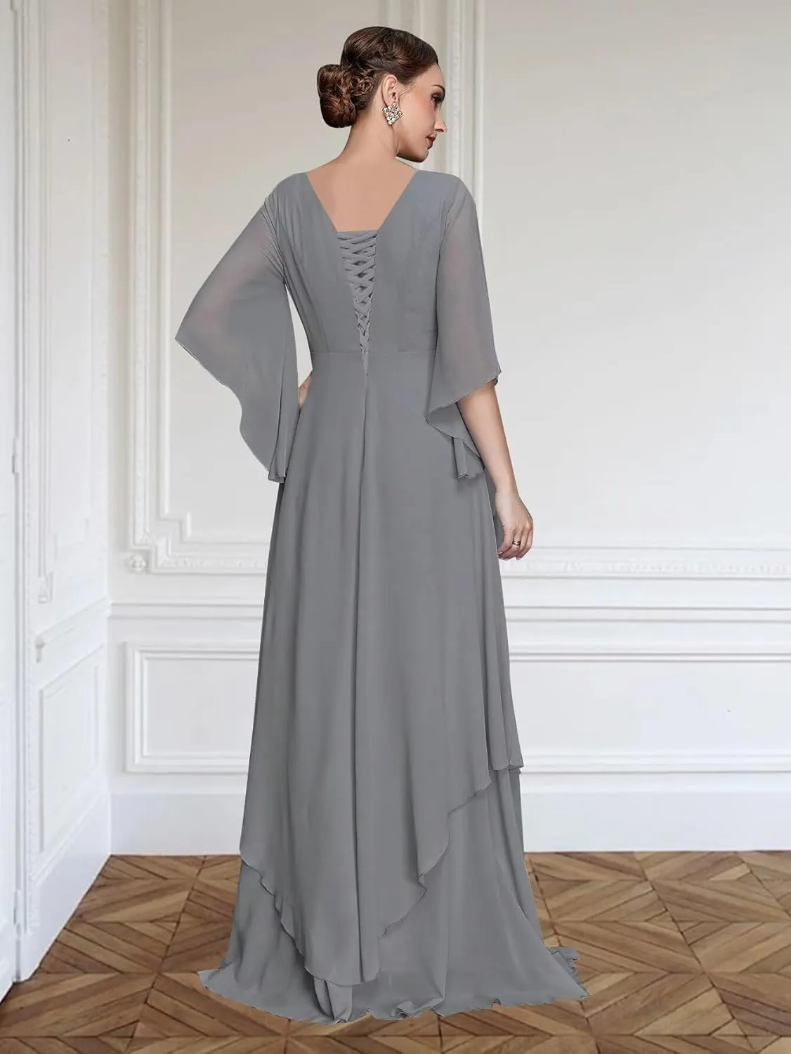 V Neck Mother of The Bride Dresses for Wedding Short Sleeves A Line Chiffon Formal Evening Gown