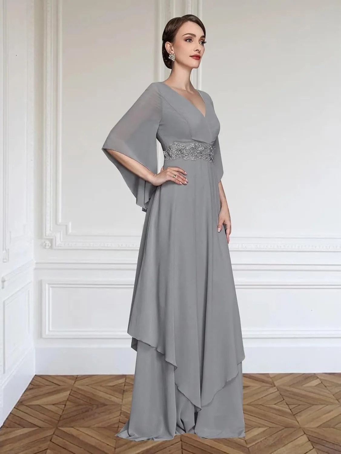 V Neck Mother of The Bride Dresses for Wedding Short Sleeves A Line Chiffon Formal Evening Gown