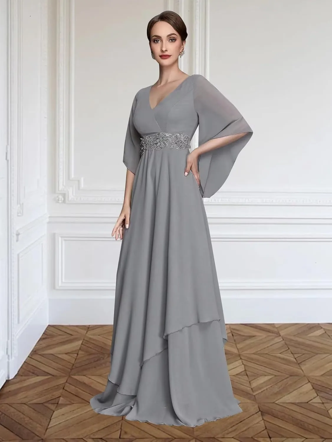V Neck Mother of The Bride Dresses for Wedding Short Sleeves A Line Chiffon Formal Evening Gown