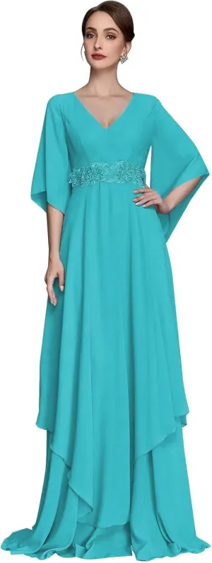 V Neck Mother of The Bride Dresses for Wedding Short Sleeves A Line Chiffon Formal Evening Gown