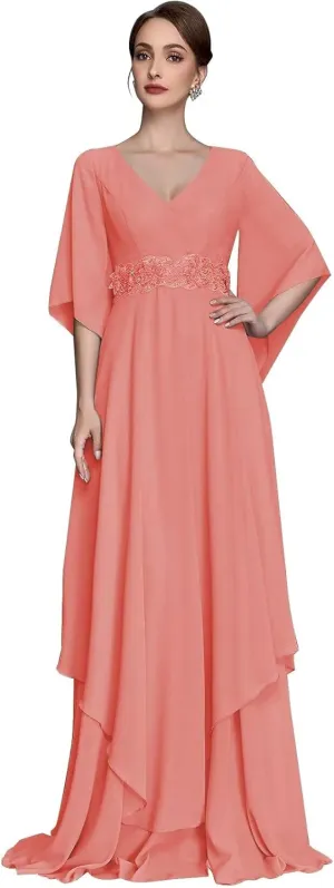 V Neck Mother of The Bride Dresses for Wedding Short Sleeves A Line Chiffon Formal Evening Gown