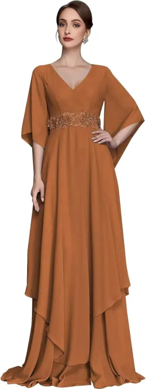 V Neck Mother of The Bride Dresses for Wedding Short Sleeves A Line Chiffon Formal Evening Gown