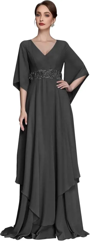 V Neck Mother of The Bride Dresses for Wedding Short Sleeves A Line Chiffon Formal Evening Gown