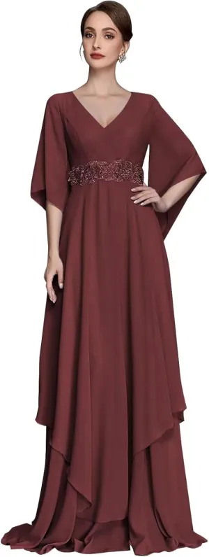 V Neck Mother of The Bride Dresses for Wedding Short Sleeves A Line Chiffon Formal Evening Gown