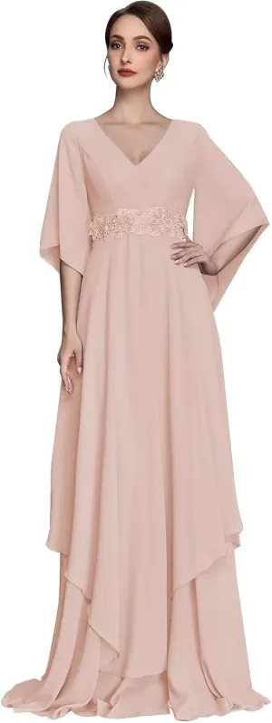 V Neck Mother of The Bride Dresses for Wedding Short Sleeves A Line Chiffon Formal Evening Gown