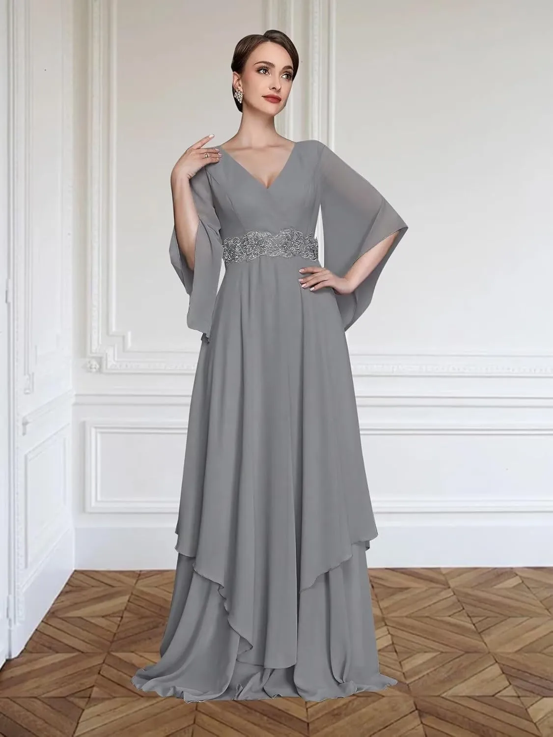 V Neck Mother of The Bride Dresses for Wedding Short Sleeves A Line Chiffon Formal Evening Gown