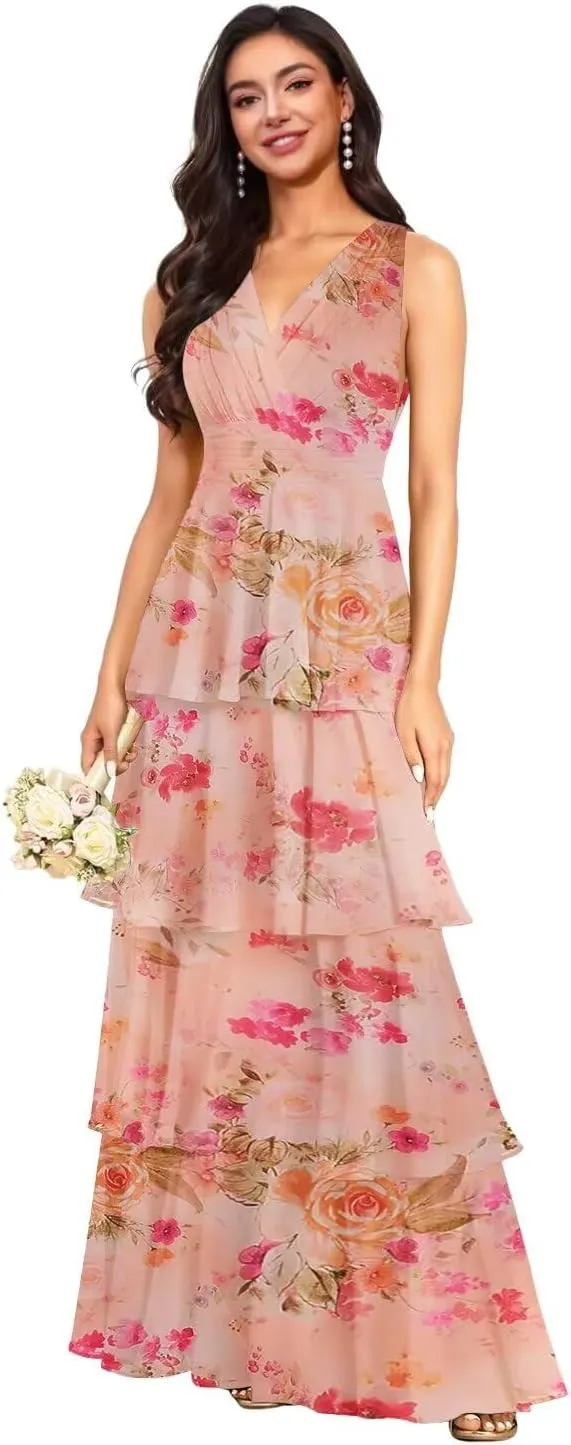 V Neck Tiered Bridesmaid Dresses Long for Women Ruffles Chiffon Formal Evening Dresses