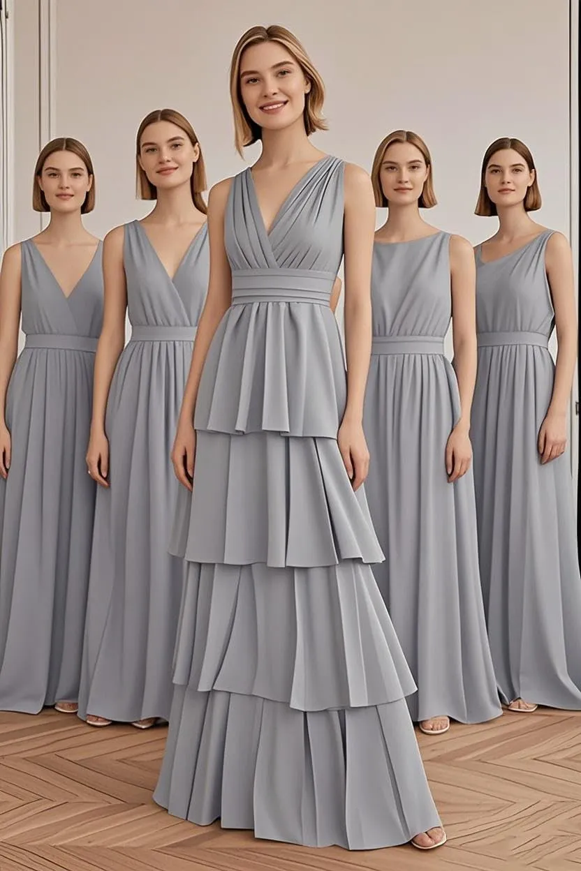 V Neck Tiered Bridesmaid Dresses Long for Women Ruffles Chiffon Formal Evening Dresses