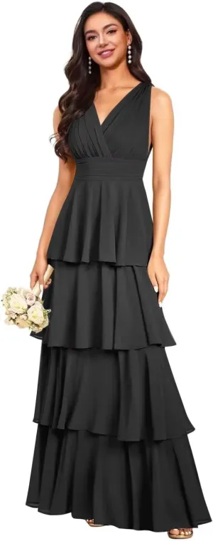 V Neck Tiered Bridesmaid Dresses Long for Women Ruffles Chiffon Formal Evening Dresses