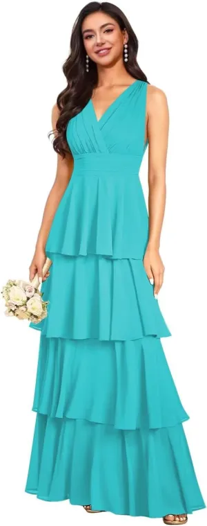 V Neck Tiered Bridesmaid Dresses Long for Women Ruffles Chiffon Formal Evening Dresses