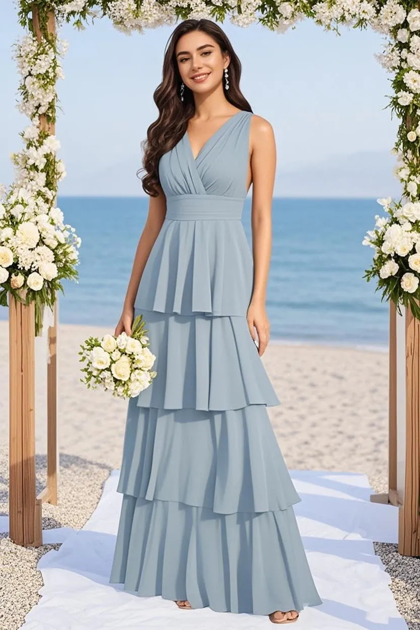 V Neck Tiered Bridesmaid Dresses Long for Women Ruffles Chiffon Formal Evening Dresses
