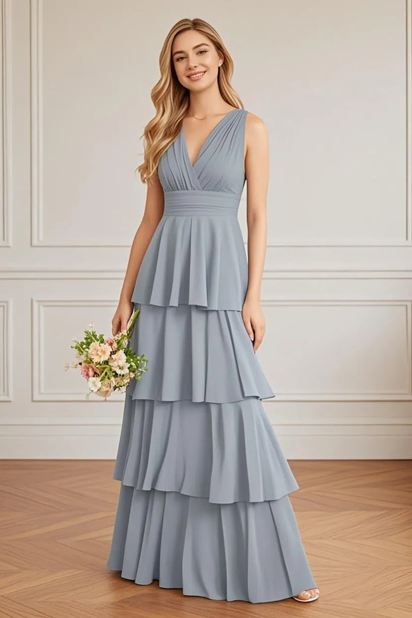 V Neck Tiered Bridesmaid Dresses Long for Women Ruffles Chiffon Formal Evening Dresses