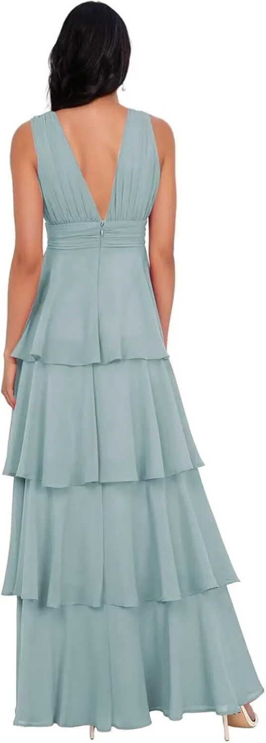 V Neck Tiered Bridesmaid Dresses Long for Women Ruffles Chiffon Formal Evening Dresses