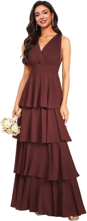 V Neck Tiered Bridesmaid Dresses Long for Women Ruffles Chiffon Formal Evening Dresses