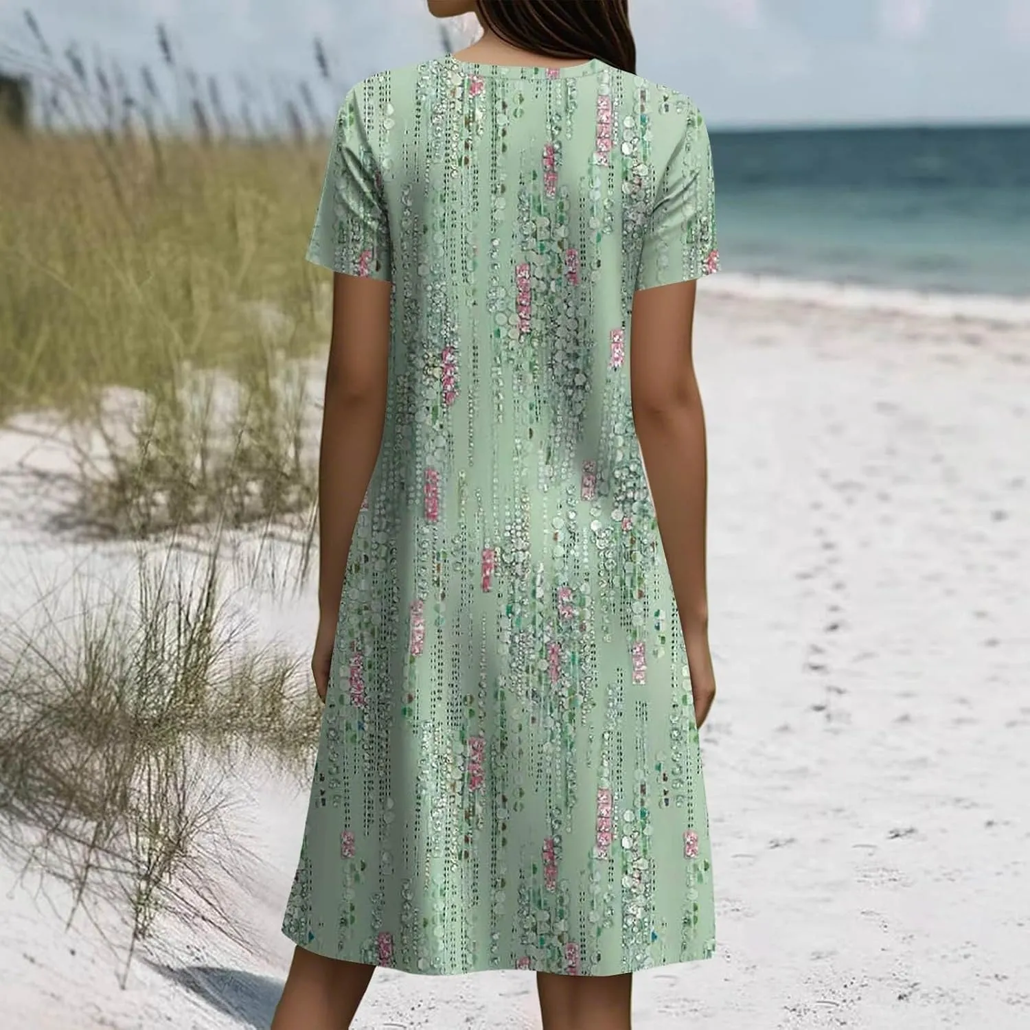 Vacation Dresses for Women 2025 Summer Boho Short Sleeve Scoop Neck Hawaiian Beach Dress Elegant Flowy Floral Sundress