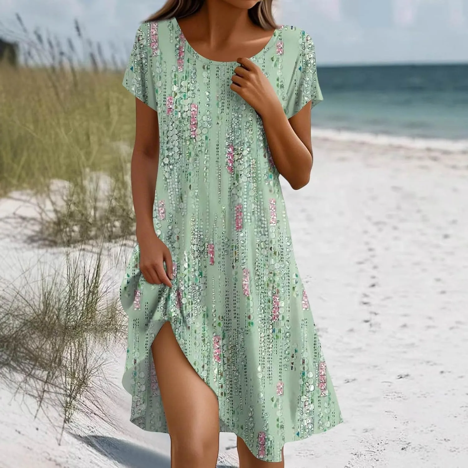 Vacation Dresses for Women 2025 Summer Boho Short Sleeve Scoop Neck Hawaiian Beach Dress Elegant Flowy Floral Sundress