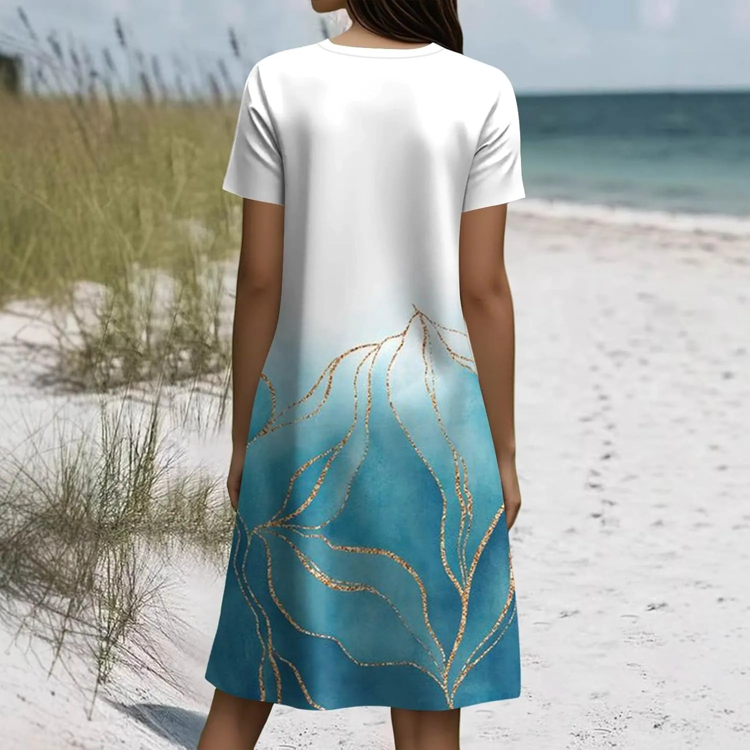 Vacation Dresses for Women 2025 Summer Boho Short Sleeve Scoop Neck Hawaiian Beach Dress Elegant Flowy Floral Sundress