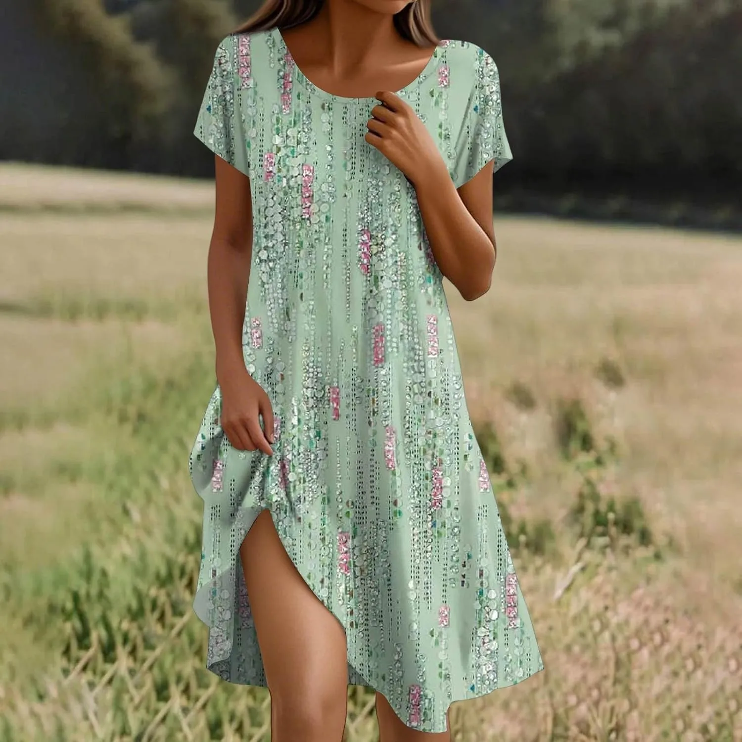 Vacation Dresses for Women 2025 Summer Boho Short Sleeve Scoop Neck Hawaiian Beach Dress Elegant Flowy Floral Sundress