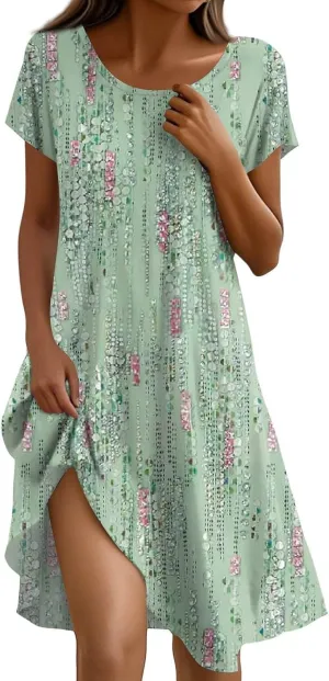 Vacation Dresses for Women 2025 Summer Boho Short Sleeve Scoop Neck Hawaiian Beach Dress Elegant Flowy Floral Sundress