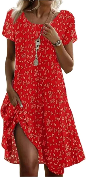 Vacation Dresses for Women 2025 Summer Boho Short Sleeve Scoop Neck Hawaiian Beach Dress Elegant Flowy Floral Sundress