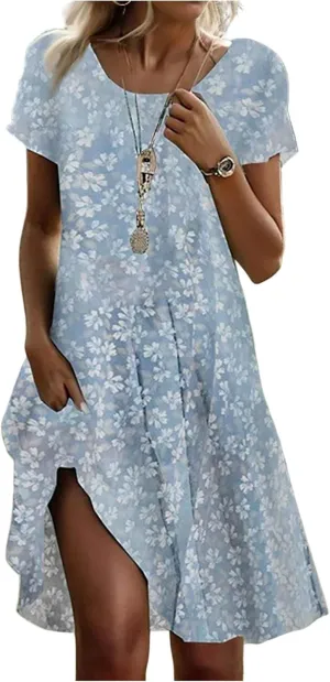 Vacation Dresses for Women 2025 Summer Boho Short Sleeve Scoop Neck Hawaiian Beach Dress Elegant Flowy Floral Sundress
