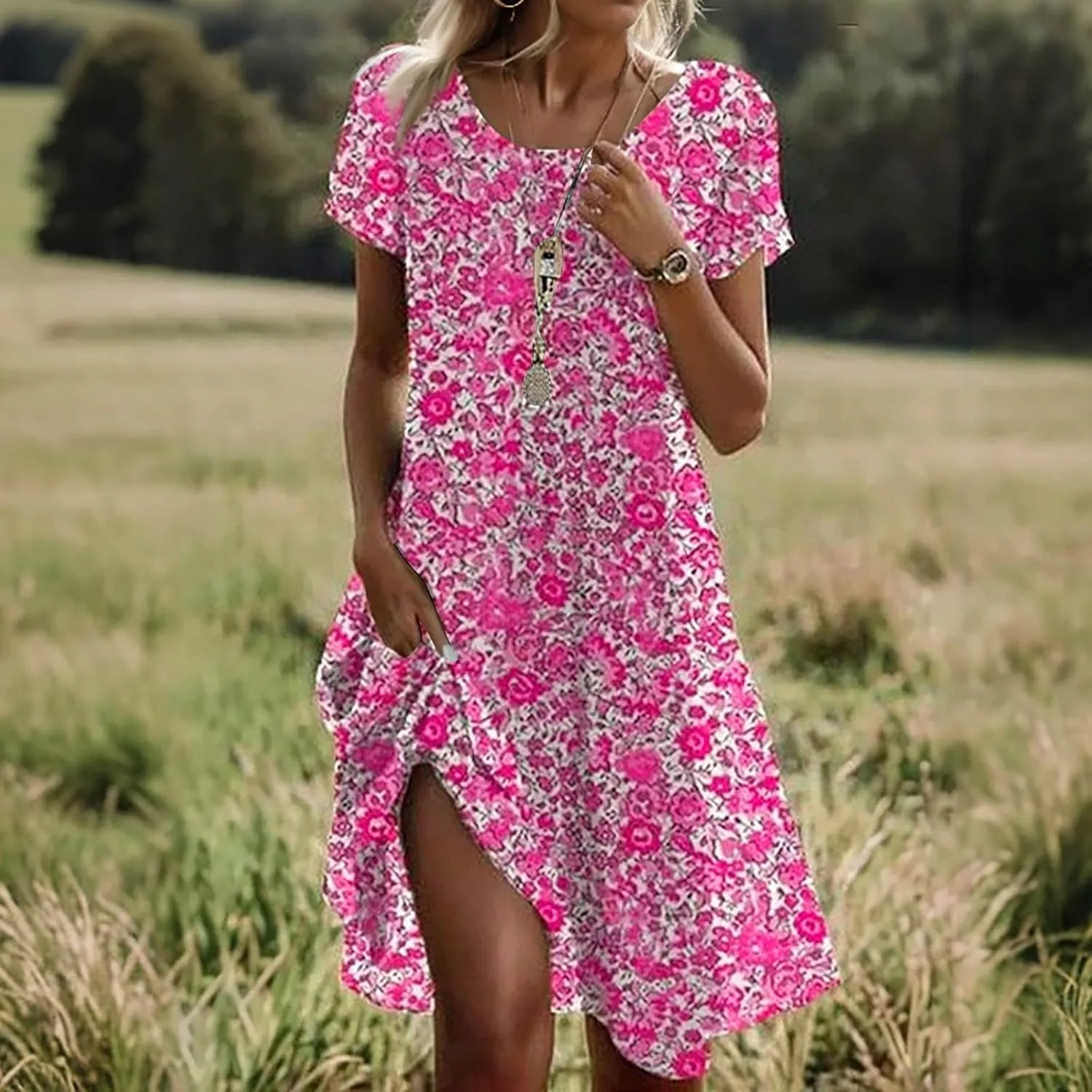 Vacation Dresses for Women 2025 Summer Boho Short Sleeve Scoop Neck Hawaiian Beach Dress Elegant Flowy Floral Sundress
