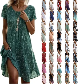Vacation Dresses for Women 2025 Summer Boho Short Sleeve Scoop Neck Hawaiian Beach Dress Elegant Flowy Floral Sundress