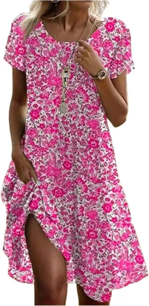 Vacation Dresses for Women 2025 Summer Boho Short Sleeve Scoop Neck Hawaiian Beach Dress Elegant Flowy Floral Sundress