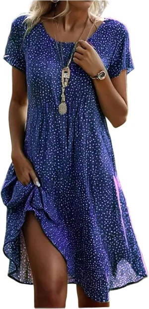 Vacation Dresses for Women 2025 Summer Boho Short Sleeve Scoop Neck Hawaiian Beach Dress Elegant Flowy Floral Sundress