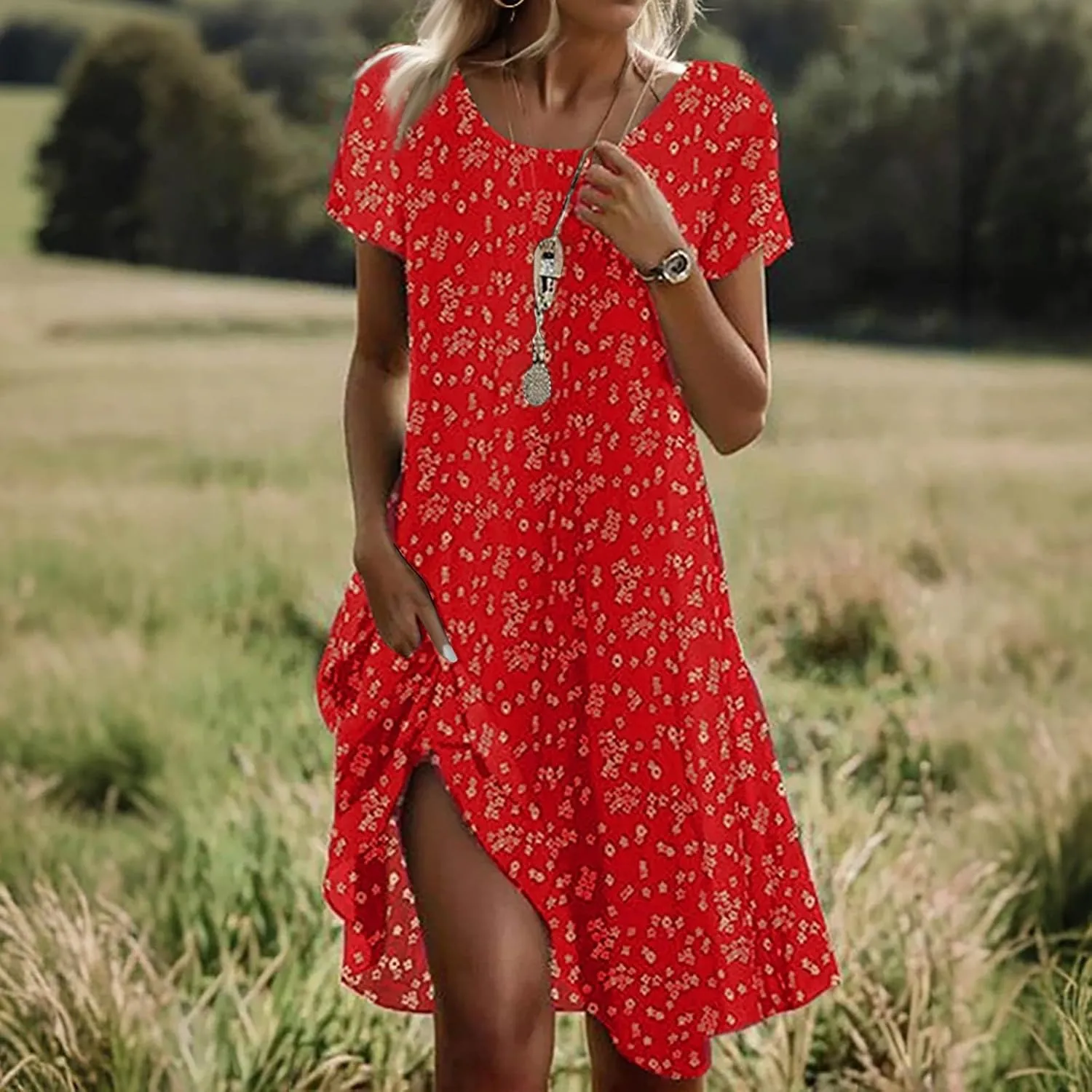 Vacation Dresses for Women 2025 Summer Boho Short Sleeve Scoop Neck Hawaiian Beach Dress Elegant Flowy Floral Sundress
