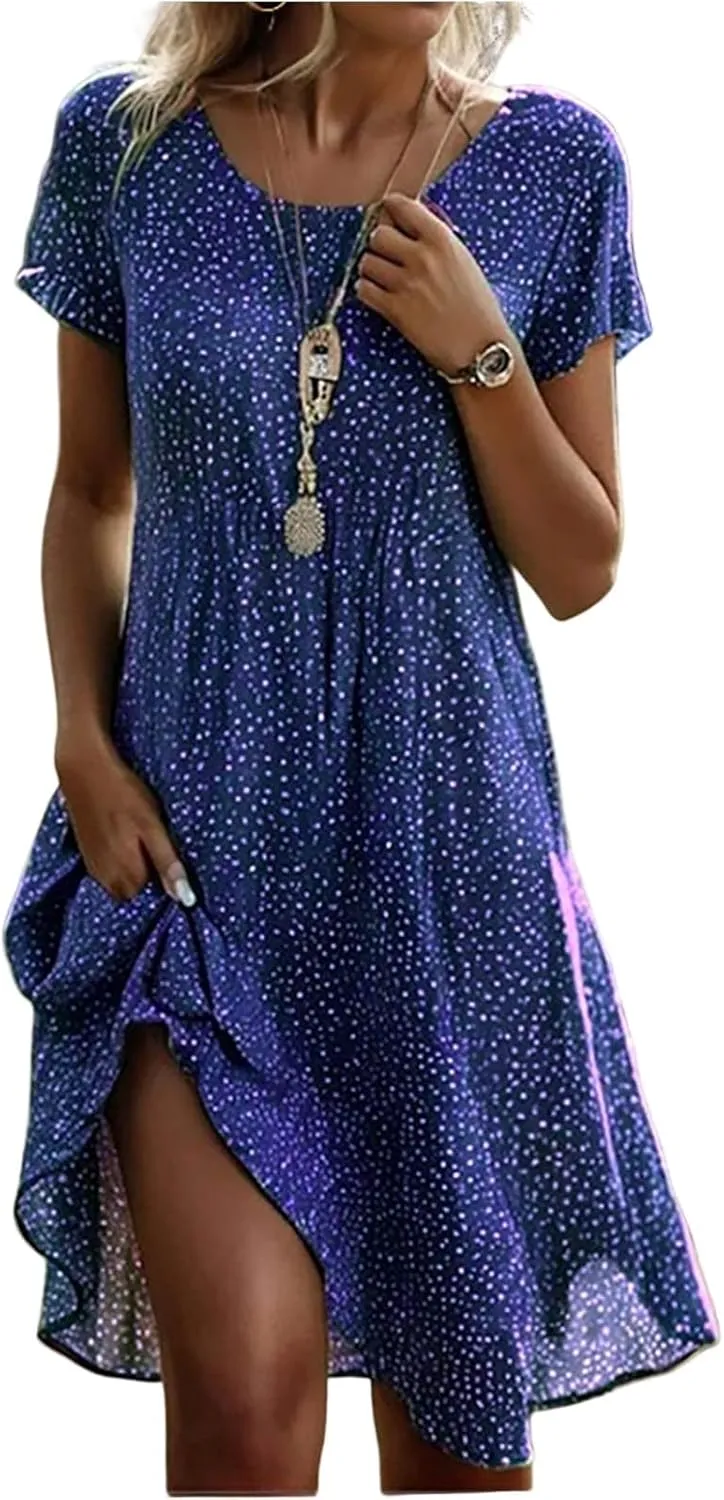 Vacation Dresses for Women 2025 Summer Boho Short Sleeve Scoop Neck Hawaiian Beach Dress Elegant Flowy Floral Sundress