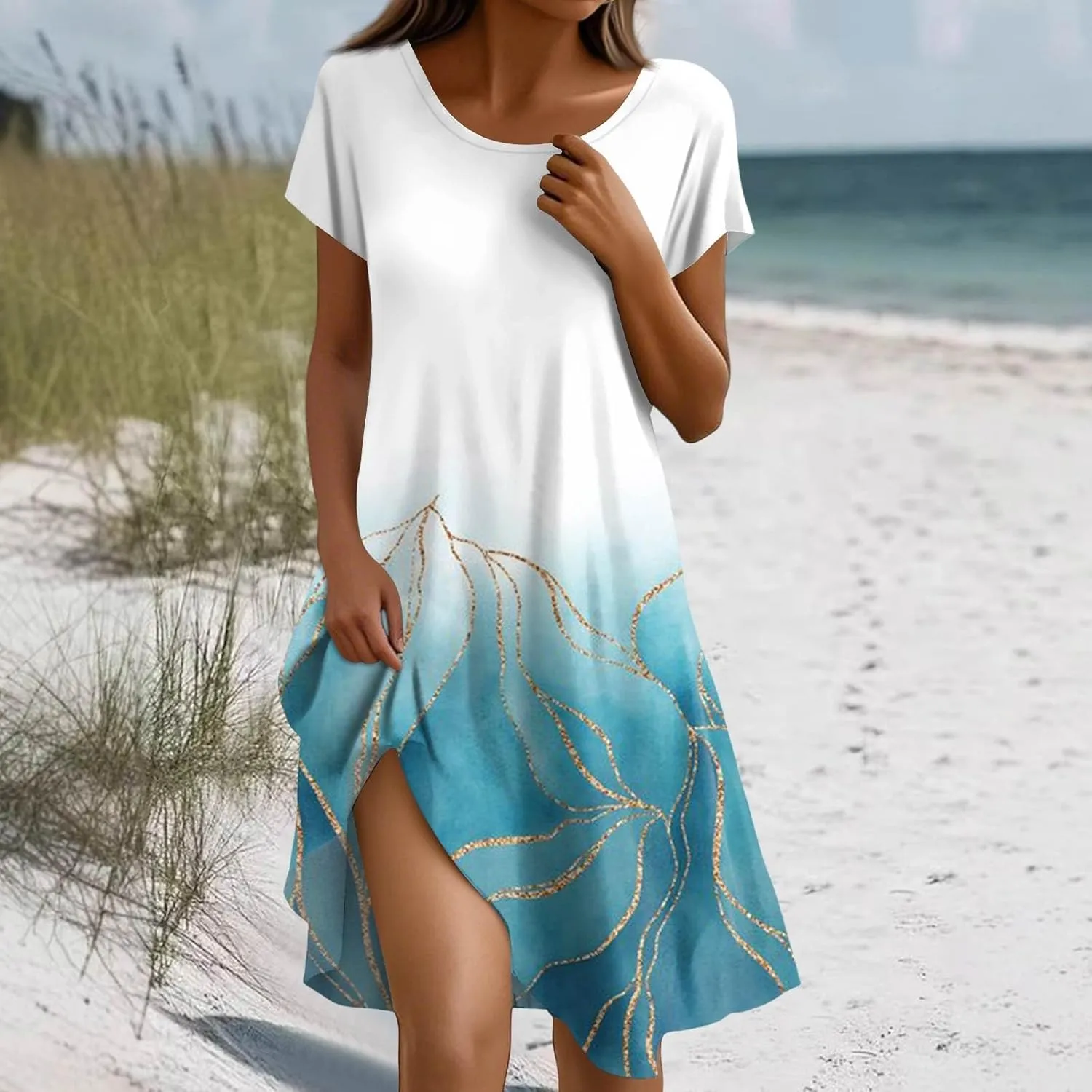 Vacation Dresses for Women 2025 Summer Boho Short Sleeve Scoop Neck Hawaiian Beach Dress Elegant Flowy Floral Sundress
