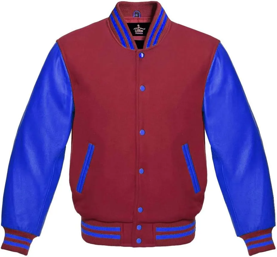 Varsity Jacket Baseball Letterman Bomber School Collage Premium Wool & Royal Blue Genuine leather sleeves