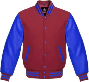 Varsity Jacket Baseball Letterman Bomber School Collage Premium Wool & Royal Blue Genuine leather sleeves