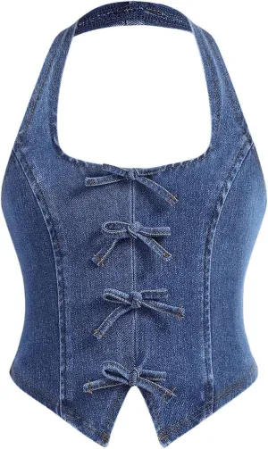 Verdusa Girl's Y2K Bow Denim Halter Top Backless Sleeveless Asymmetrical Crop Tops