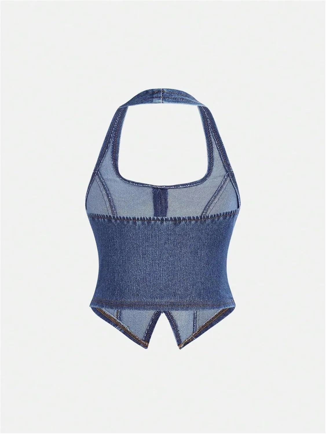 Verdusa Girl's Y2K Bow Denim Halter Top Backless Sleeveless Asymmetrical Crop Tops
