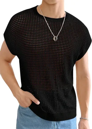 Verdusa Men's Hollow Out Round Neck Sweater Cap Sleeve Casual Knit Top