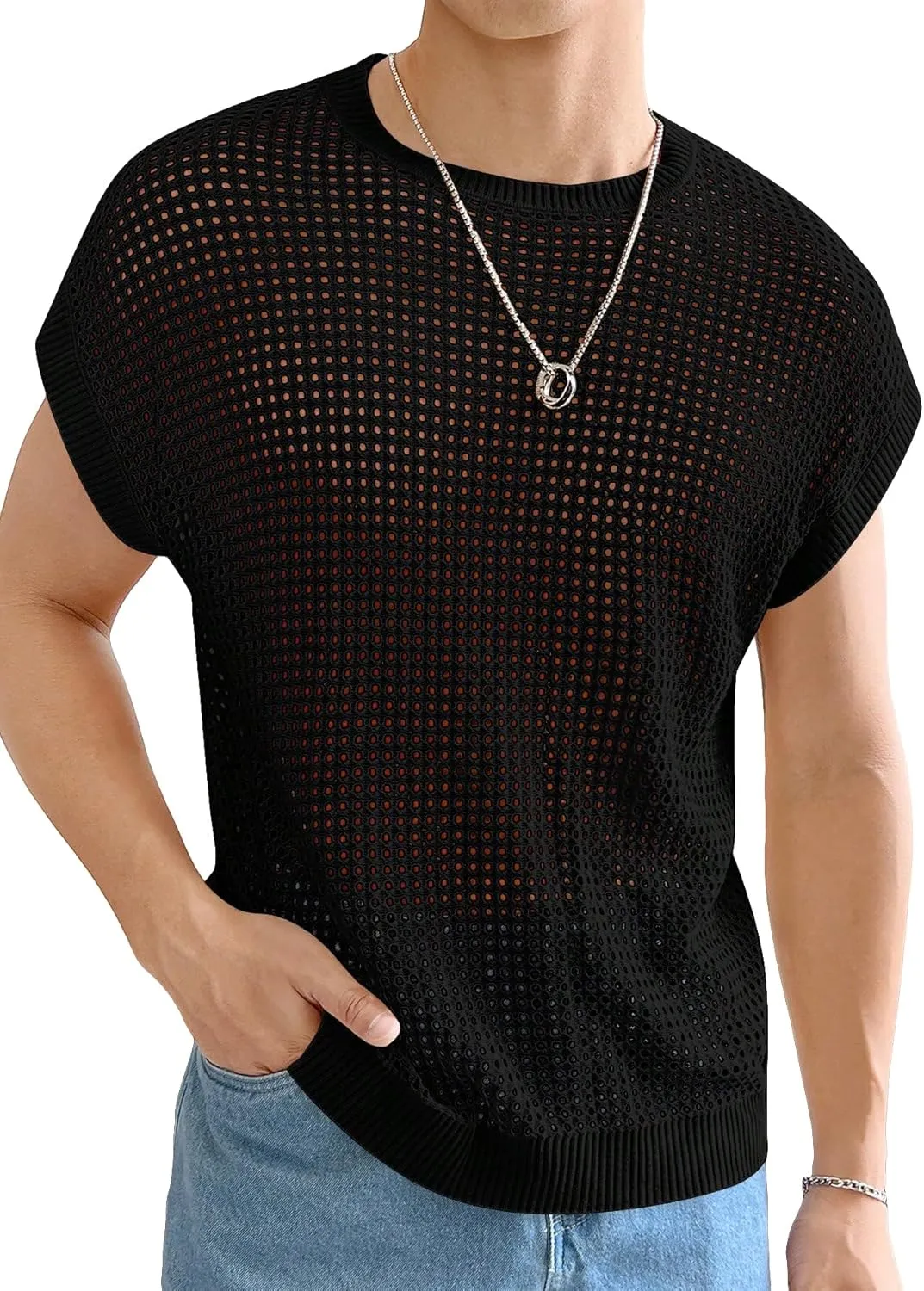 Verdusa Men's Hollow Out Round Neck Sweater Cap Sleeve Casual Knit Top
