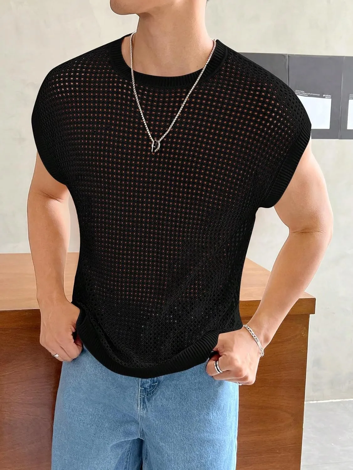 Verdusa Men's Hollow Out Round Neck Sweater Cap Sleeve Casual Knit Top