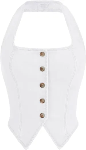 Verdusa Women's Button Front Halter Neck Asymmetrical Denim Crop Top Jean Vest